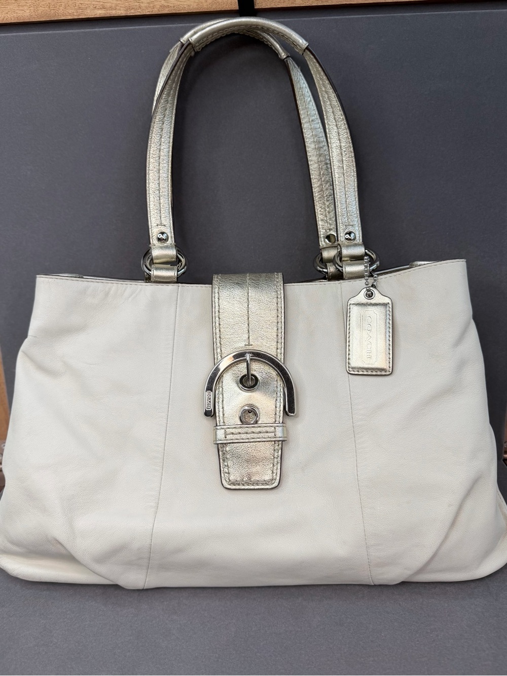 COACH Y2K SoHo Cream Metallic Gold Leather Buckle Satchel Shoulder Bag 9x15x3.75